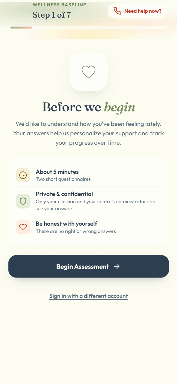 MindCare assessment introduction screen titled Before we begin