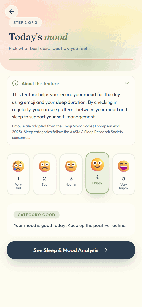 MindCare mood check-in screen with an emoji scale from very sad to very happy
